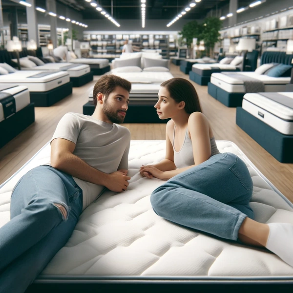 wybór materaca w sklepie przez parę