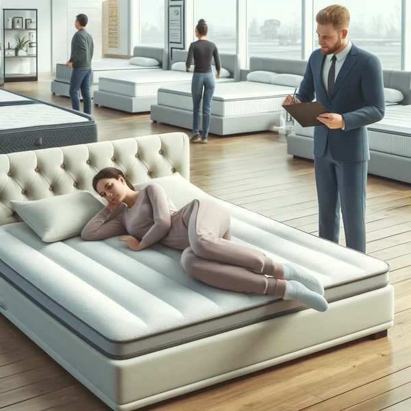 testowanie materaca w sklepie