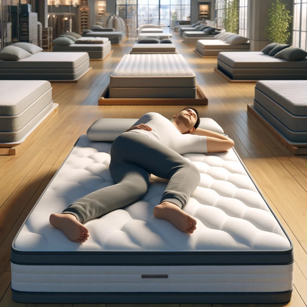 mężczyzna leży na materacu w sklepie