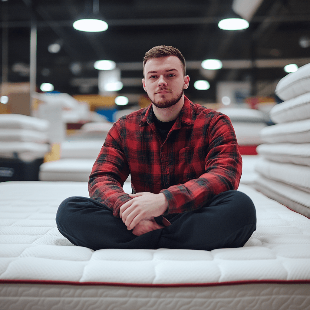 mężczyzna testuje materac w sklepie
