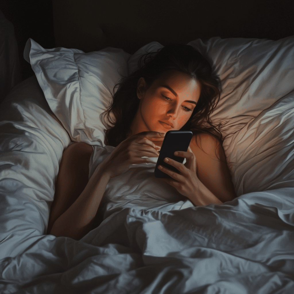 kobieta przed snem sprawdza coś w telefonie
