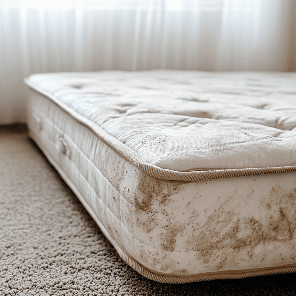 materac pobrudzony od dywanu i podłogi