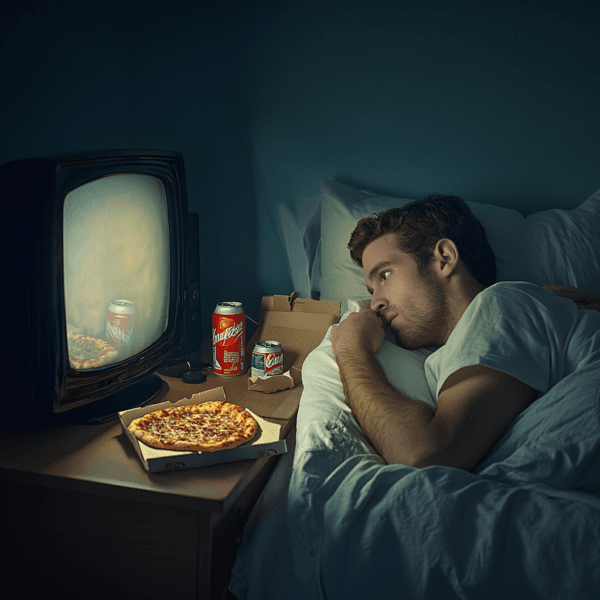 mężczyzna leży w łóżku przed telewizorem z pizzą i napojem