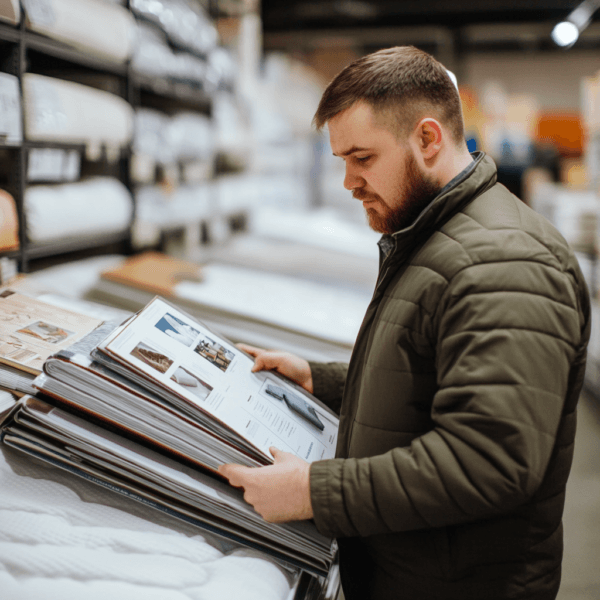 mężczyzna wybiera materac w katalogu sklepowym