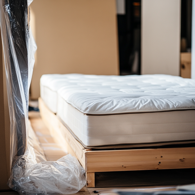 materac położony na drewnianym stelażu