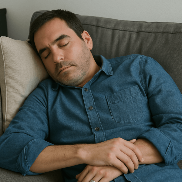 mężczyzna śpi na kanapie