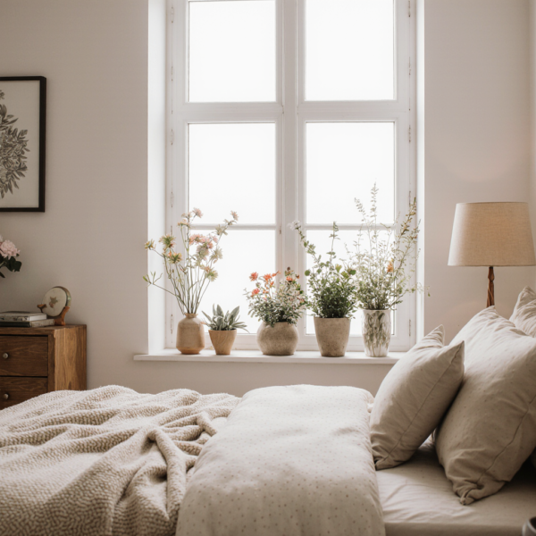 sypialnia z kwiatami przy oknie