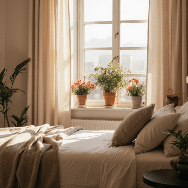 kwiaty na parapecie przy łóżku