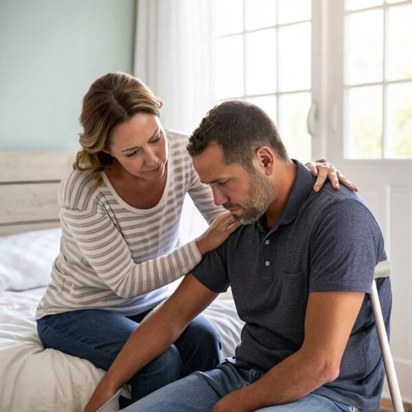 kobieta pomaga niepełnosprawnemu mężczyźnie wstać