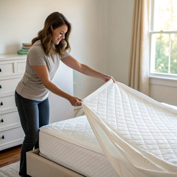 kobieta ściąga pokrowiec z materaca