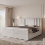 Łóżko kontynentalne SAVA - 180x200 - z pojemnikiem na pościel - biały boucle