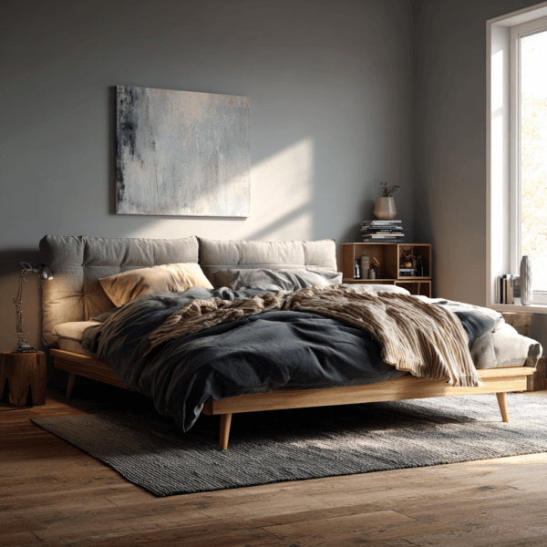 łóżko na drewnianych łóżkach w sypialni