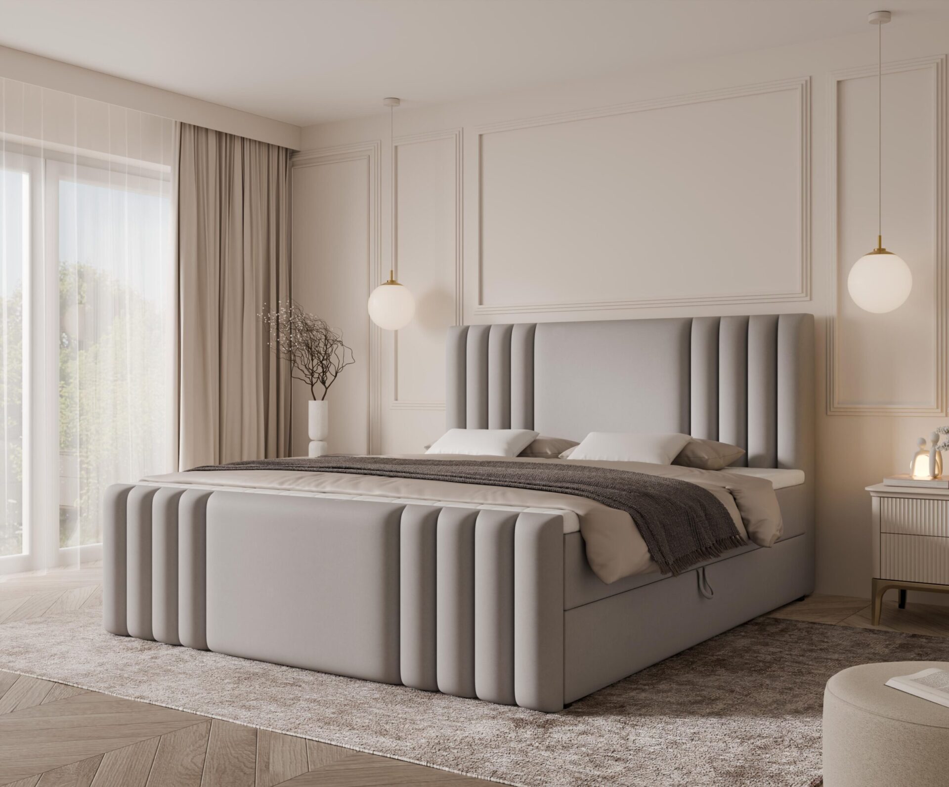 łóżko z zagłówkiem w salonie