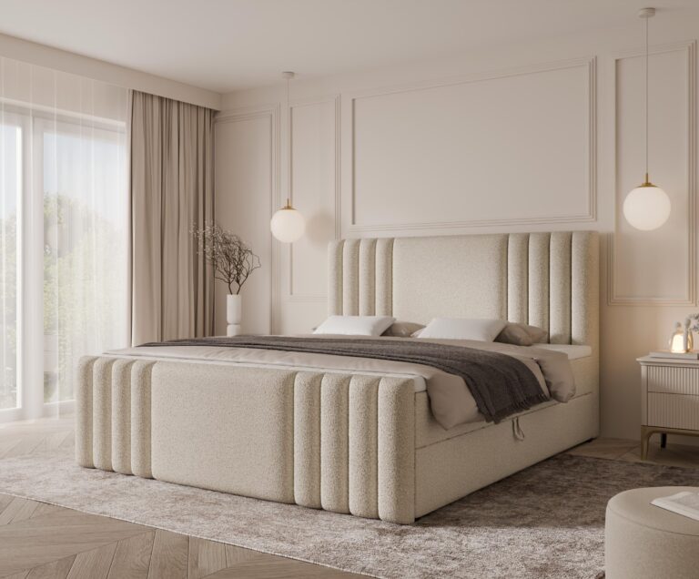 łóżko z zagłówkiem w salonie