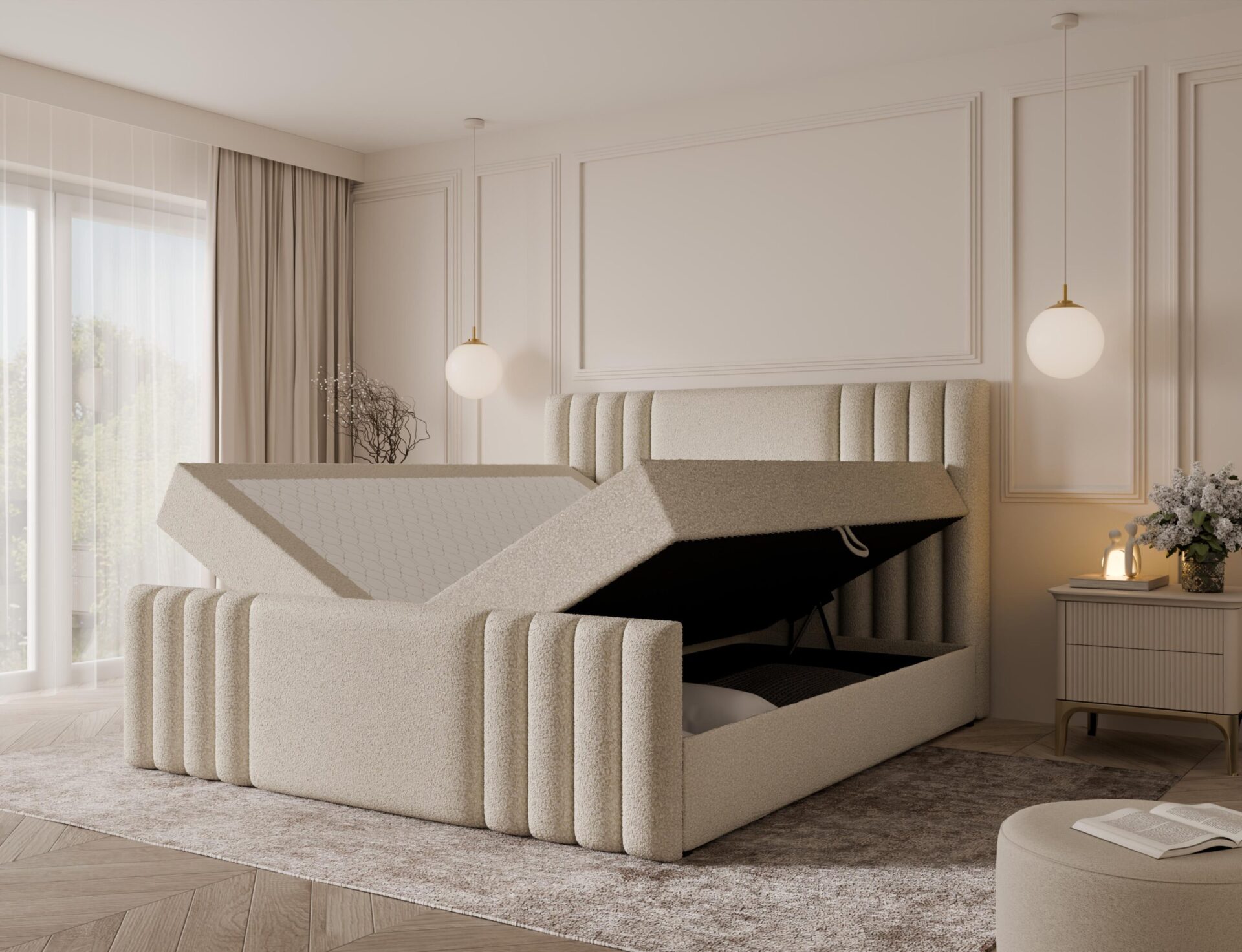 łóżko z zagłówkiem w salonie otwarte