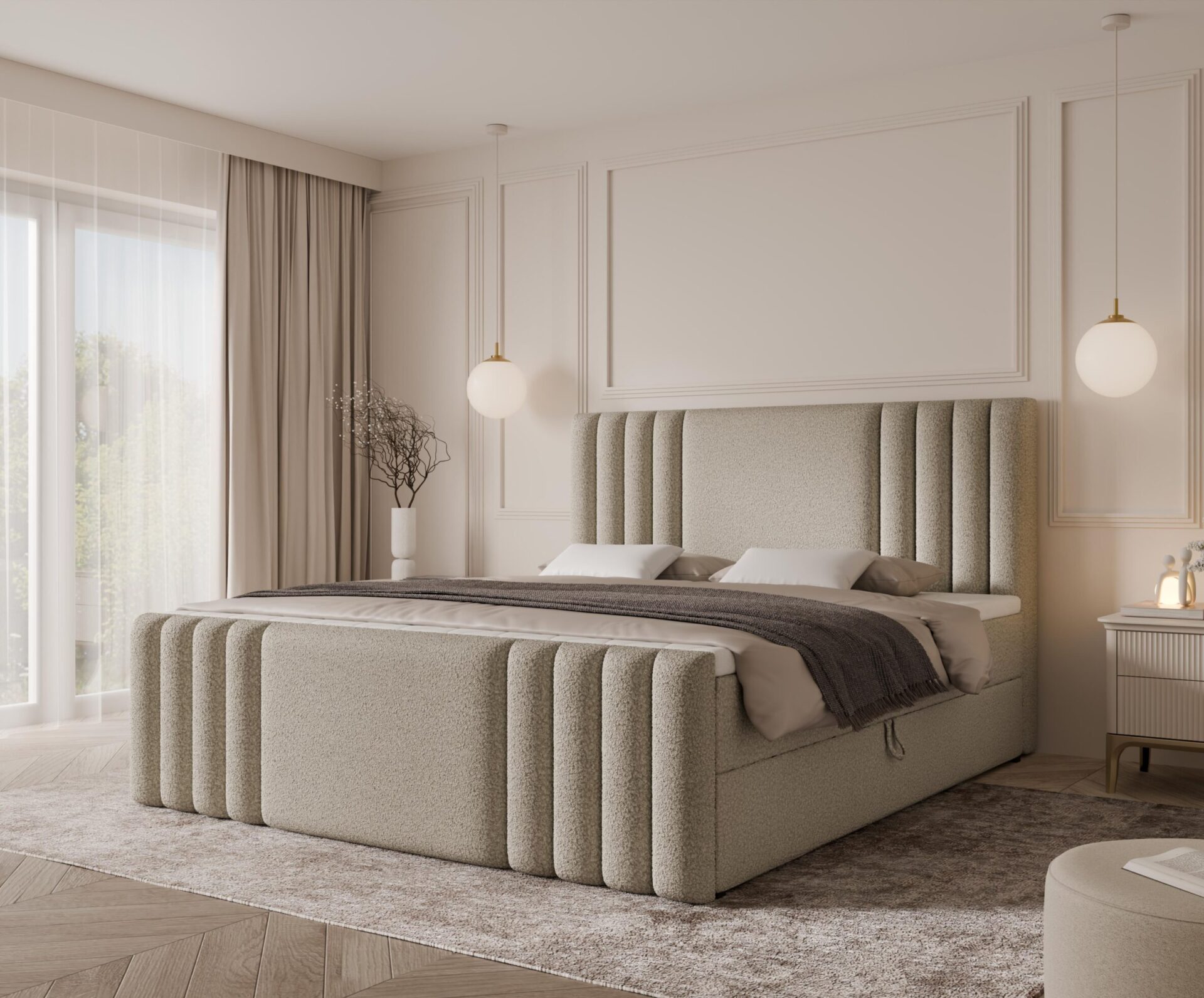 łóżko z zagłówkiem w salonie