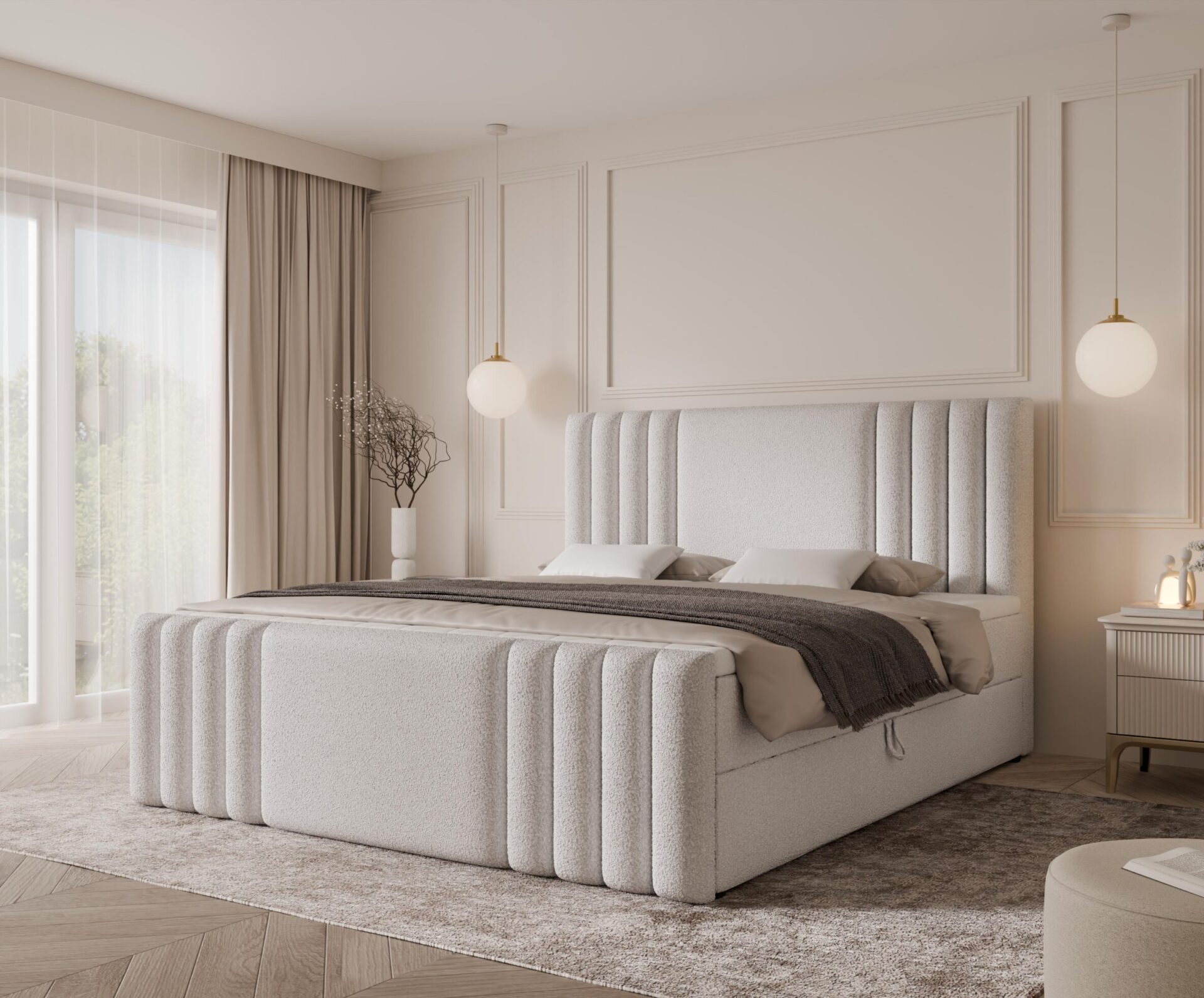 łóżko z zagłówkiem w salonie