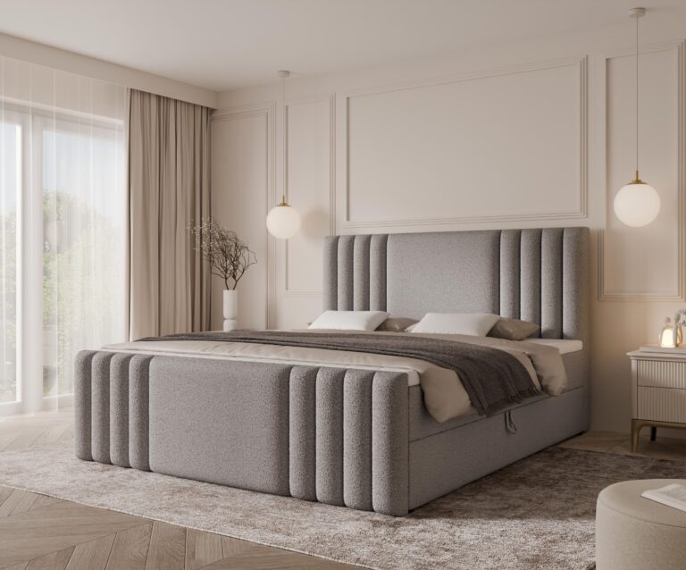 Łóżko kontynentalne SAVA MAX - 120x200 - z pojemnikiem na pościel - szary boucle