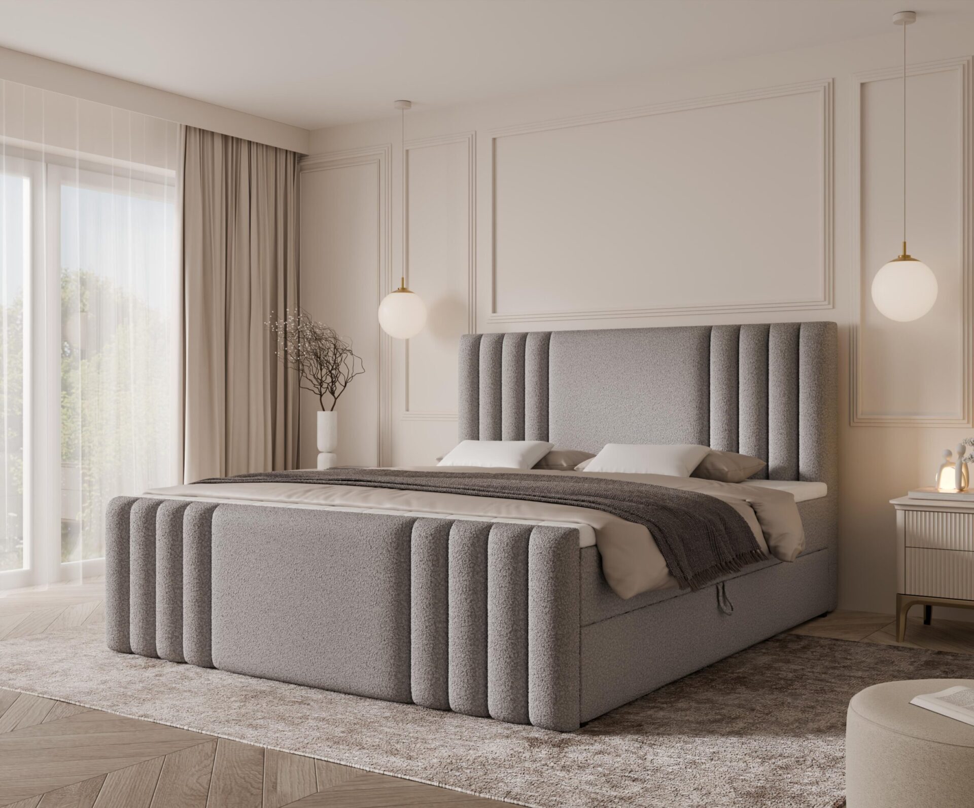 łóżko z zagłówkiem w salonie