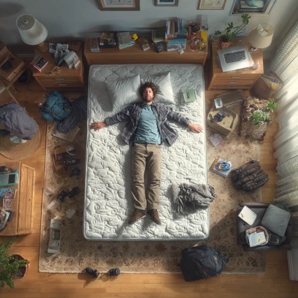 mężczyzna leży na materacu