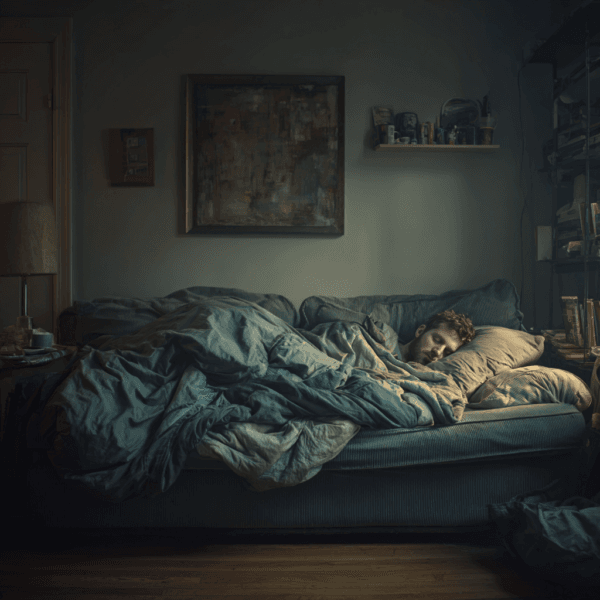 mężczyzna śpi na kanapie