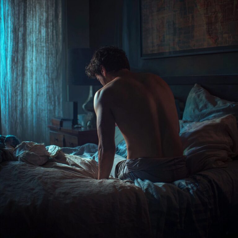 mężczyzna wstaje z łóżka z bólem