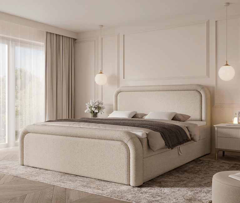 łóżko z półokrągłym zagłókiem kremowe