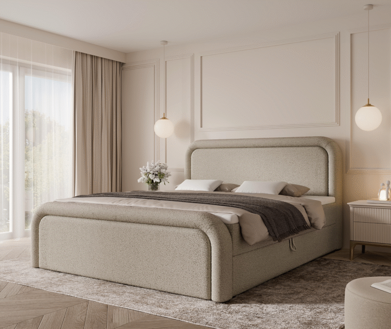 łóżko z półokrągłym zagłókiem kremowe