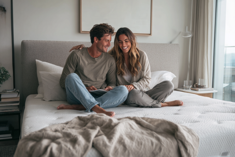 Nowoczesne i przytulne łóżko 140x200 dla dwojga z podniesionym stelażem i pojemnikiem na pościel