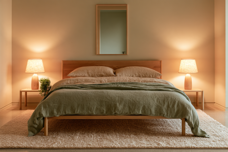 Feng shui w sypialni - jasne wnętrze z łóżkiem na nóżkach i lampkami nocnymi